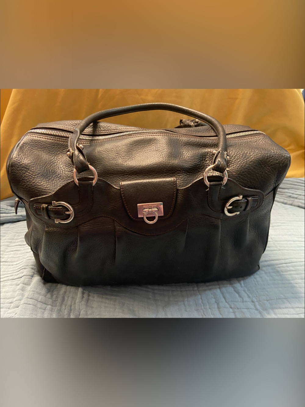 Salvatore Ferragamo Black Leather Satchel with Silver Hardware